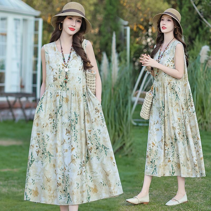 Plus-Size Cotton Silk Summer New Sleeveless Dress Vacation Dress Camisole Elegant Long Dress Slimming Floral Beach Dress
