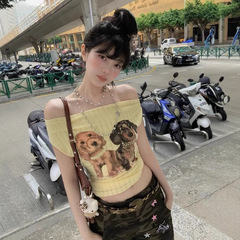 Pure Lust ワンショルダー パピープリント 半袖 Tシャツ レディース 夏 スリムフィット シックで美しいショートトップス イン