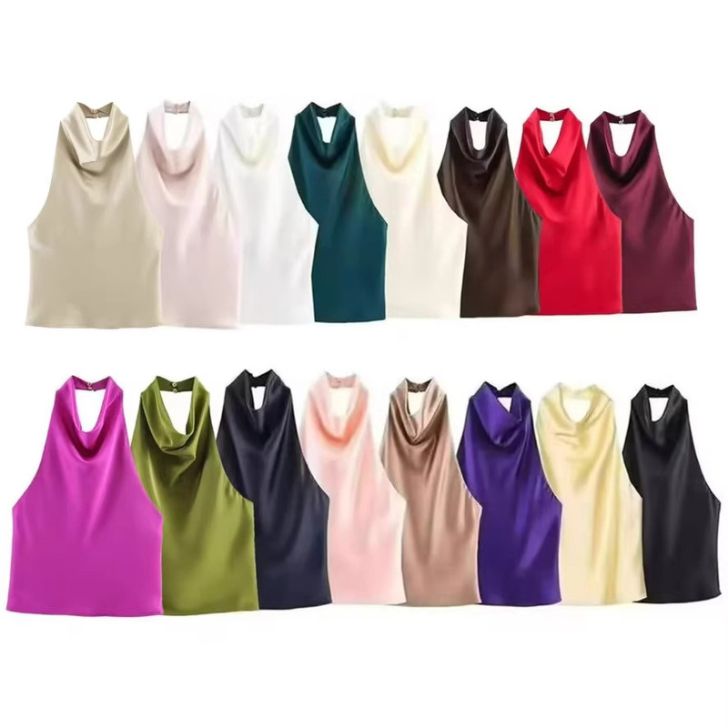 Cross-Border European and American Fashion Ins Popular Trendy Silk Satin Texture Halter Neck Tank Top