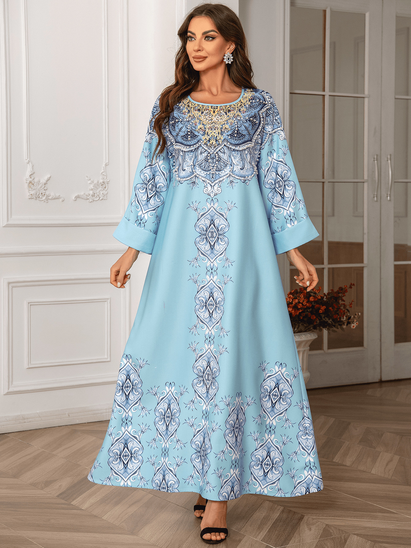 ZD024 Middle Eastern And European Cross-border Foreign Trade Muslim Printed Robe Abaya Beaded Round-neck Dress Gown_ecoleips.com