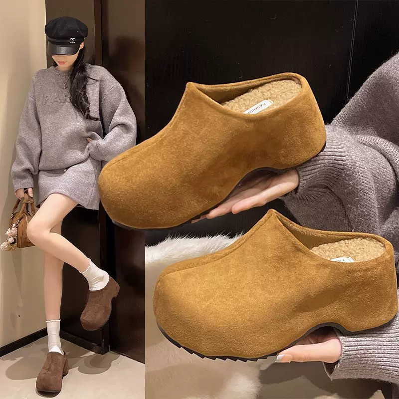 新款无后跟包头半拖鞋勃肯防水台小个子2025年厚底拖鞋室外穿秋冬