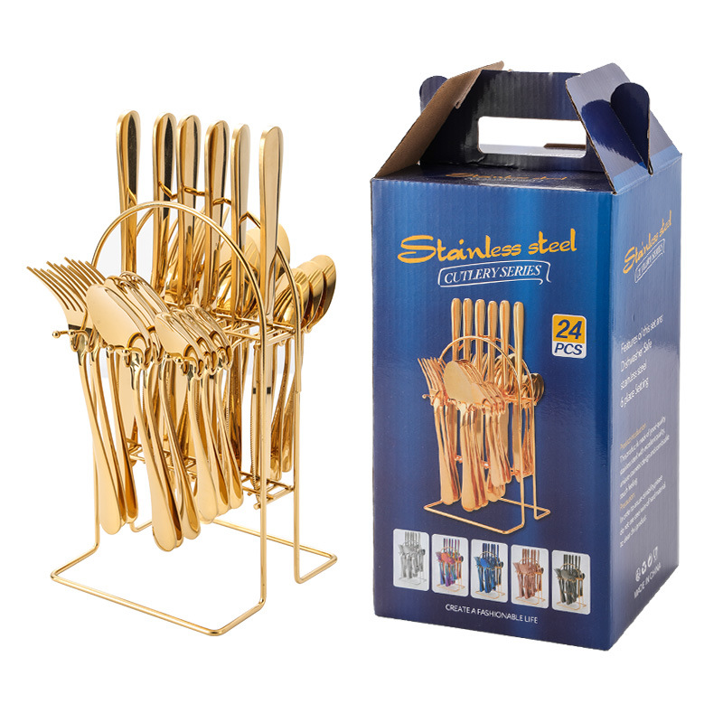 Cubiertos de acero inoxidable 24 piezas, incluye cuchillo para carne y estante – para restaurante y hotel.