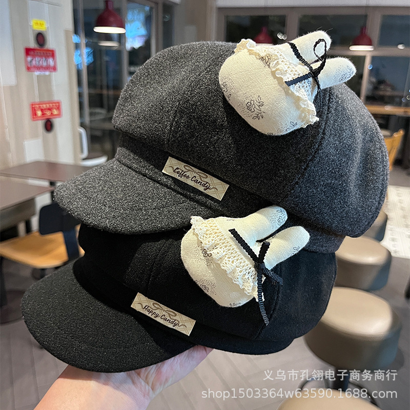 可爱卡通蕾丝兔子八角帽子女秋冬时尚保暖毛呢报童帽显脸小鸭舌帽|undefined