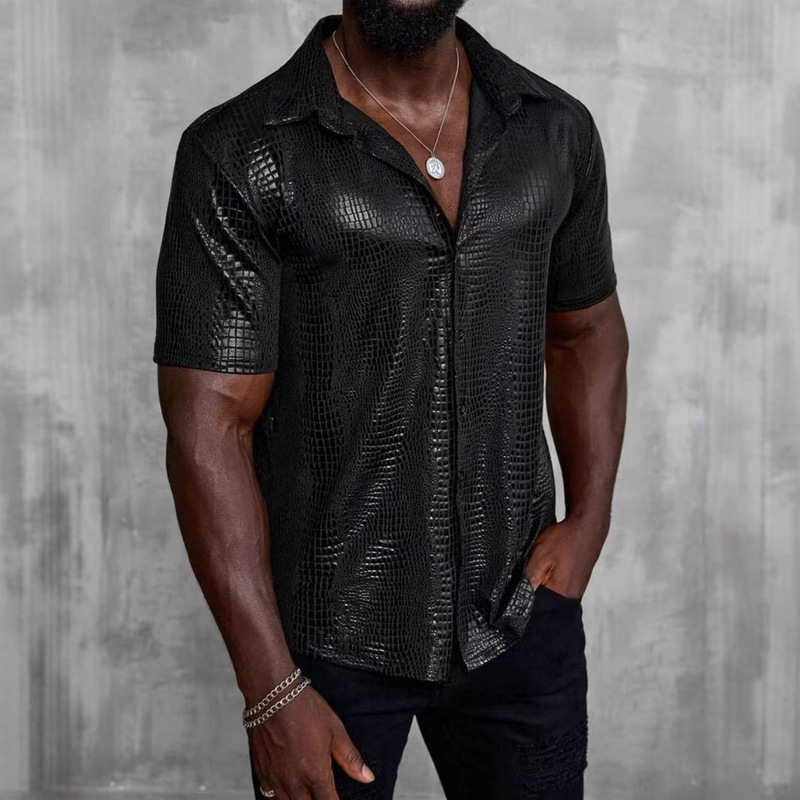 2025 Cross-Border New Fashion Men's Shirt Casual Short-Sleeved Lapel Retro Imitation Crocodile Leather Shirt