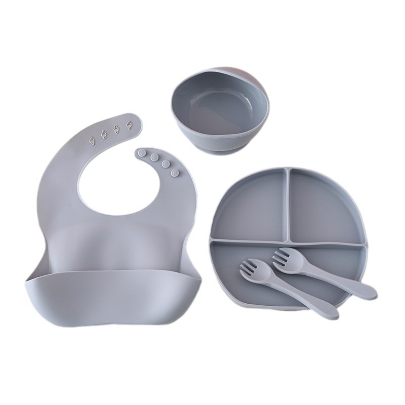 Juego de vajilla de silicona para bebés, vajilla de alimentación para bebés recién nacidos, plato de comedor de rejilla dividida de silicona, babero de tazón de alimentos al por mayor