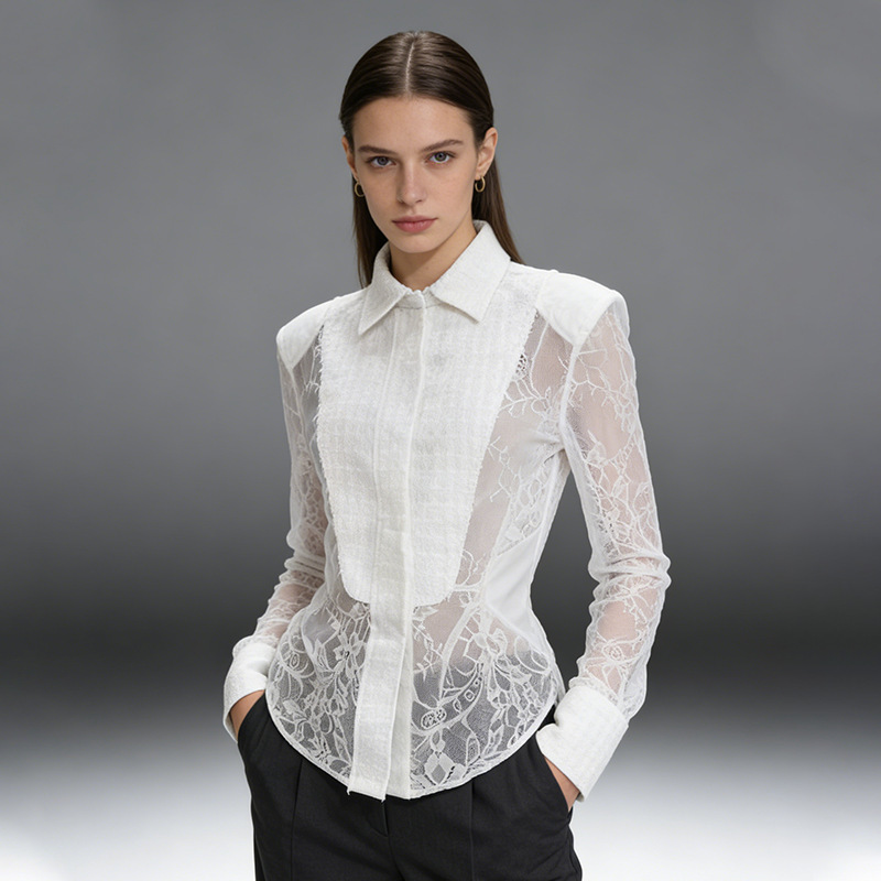 Lace Patchwork Design Shirt for Women, 2026 Autumn New Fashion, Elegant Light Luxury Style, Slim Fit, High-End Feel Top Lace Patchwork Design Shirt for Women, 2026 Autumn New Fashion, Elegant Light Luxury Style, Slim Fit, High-End Feel Top