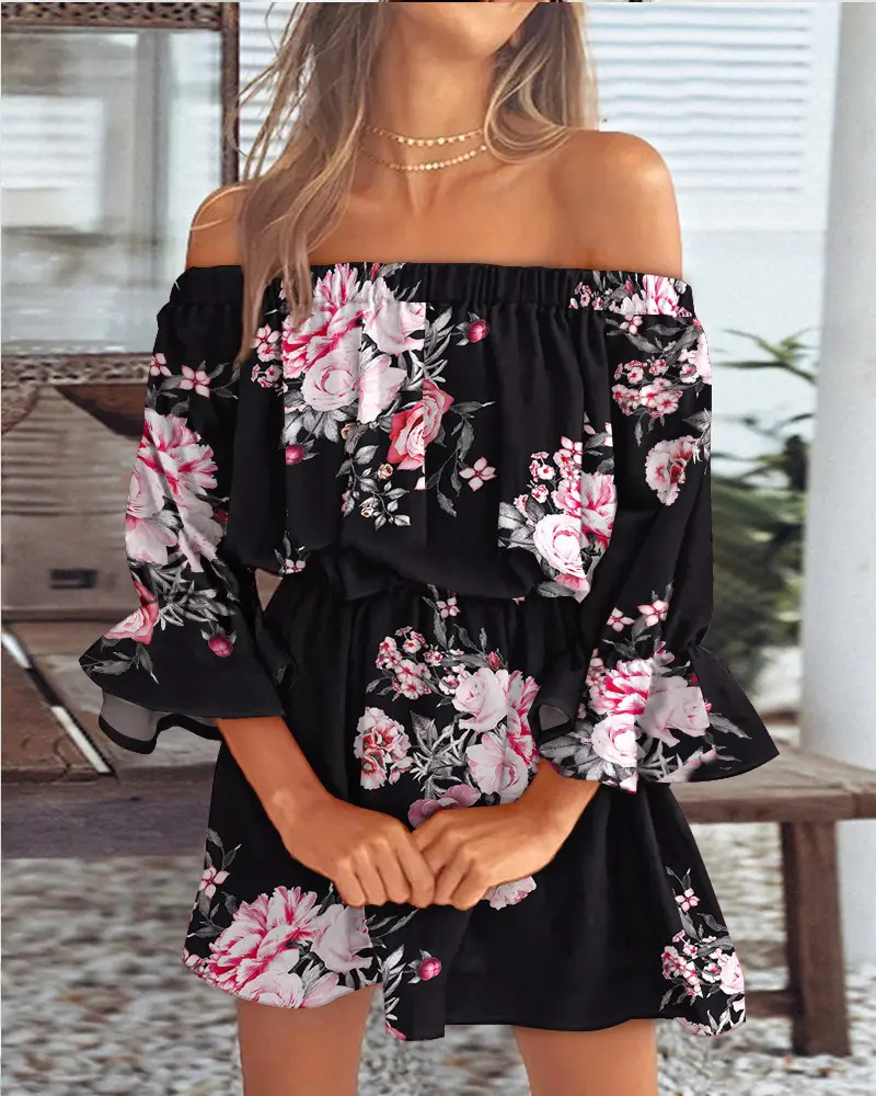 Women's A-line Skirt Fashion Boat Neck Printing Patchwork Half Sleeve Plant Midi Dress Daily display picture 15