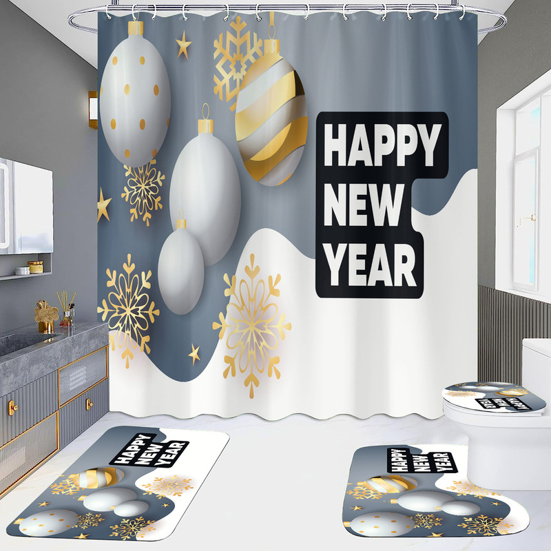 High-Definition Punch-Free Shower Curtain Set from the Source Factory, Four-Piece Set for Bathroom, Hotel, and Partition Curtains, Christmas-Themed Designs