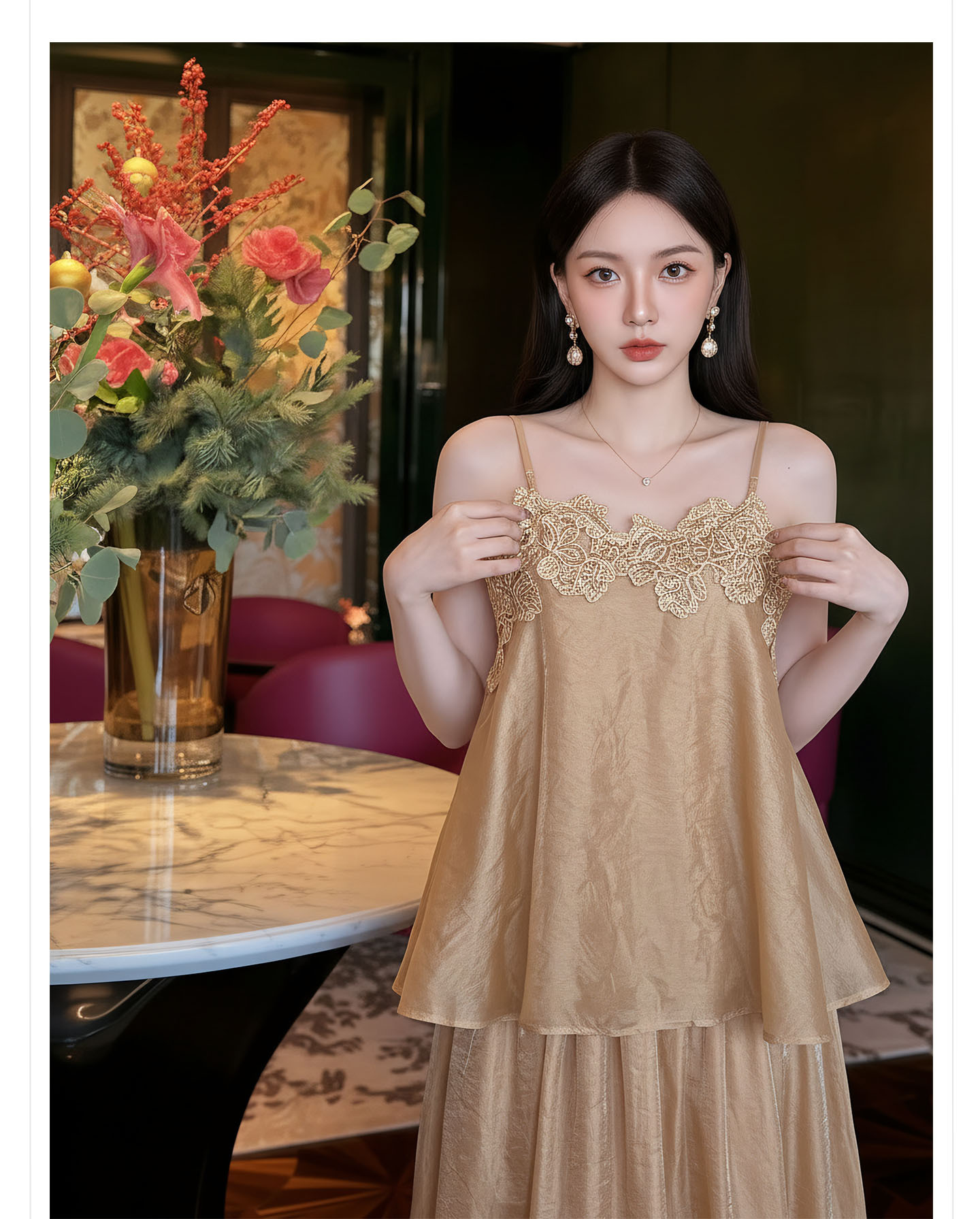 Bộ váy đầm maxi nữ thắt eo phong cách tân cổ điển Trung Hoa sang trọng — nửa váy, Trang chủ chi tiết 7