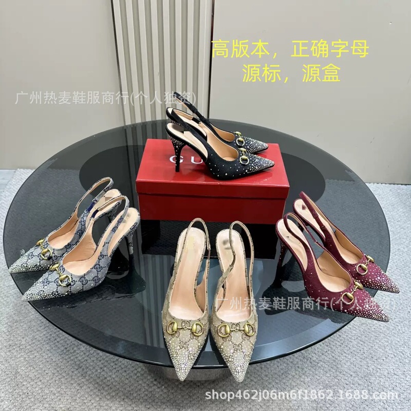 High Version ~ g's New European and American Rhinestone Horsebit Letter Print High Heels Retro Pointed Toe Slingback Sandals High Version ~ g's New European and American Rhinestone Horsebit Letter Print High Heels Retro Pointed Toe Slingback Sandals