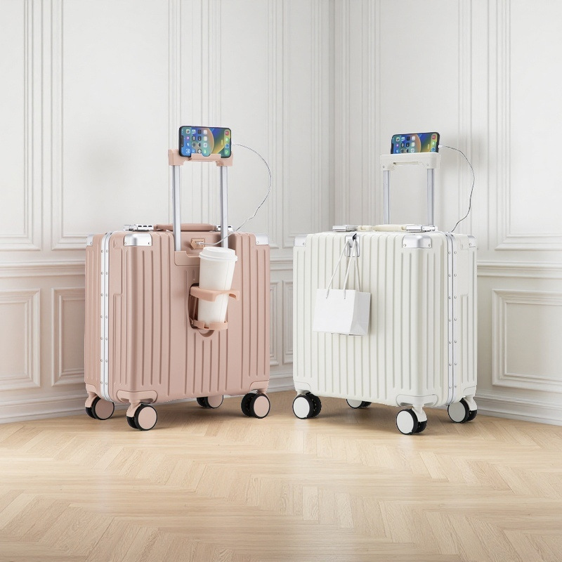 Equipaje con marco de aluminio de embarque de 18 pulgadas, maleta con ruedas nueva, maleta con ruedas, maleta con código, ligero, pequeño y duradero