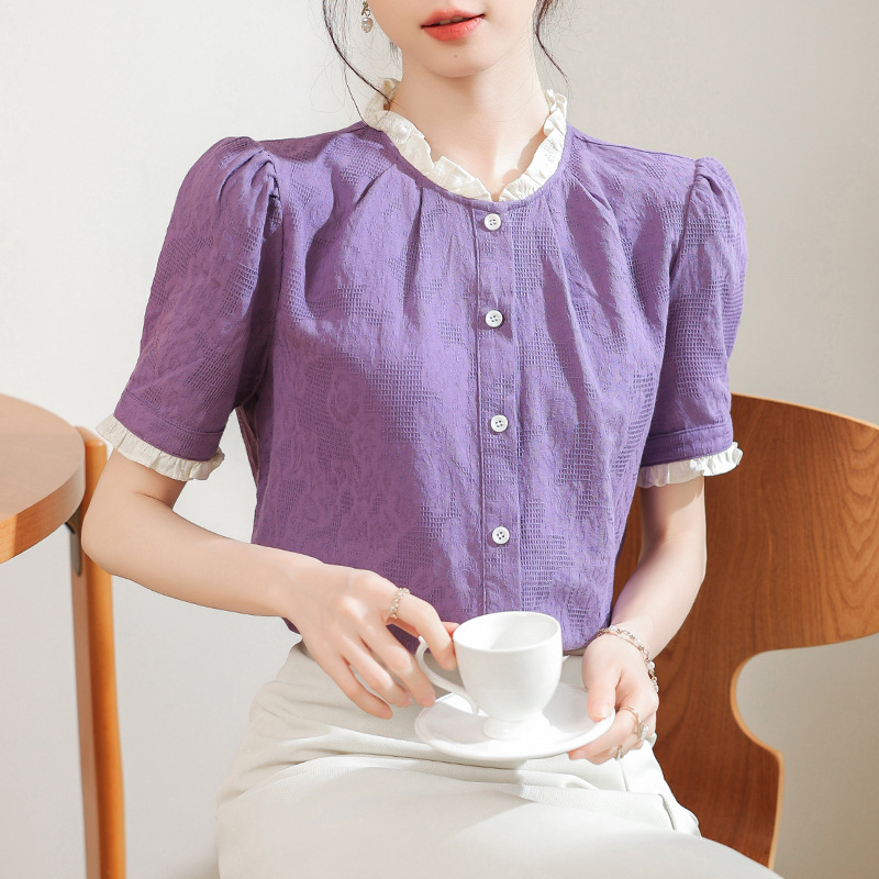 法式木耳边衬衫女短袖2024夏季新款通勤风肌理感紫色衬衣上衣