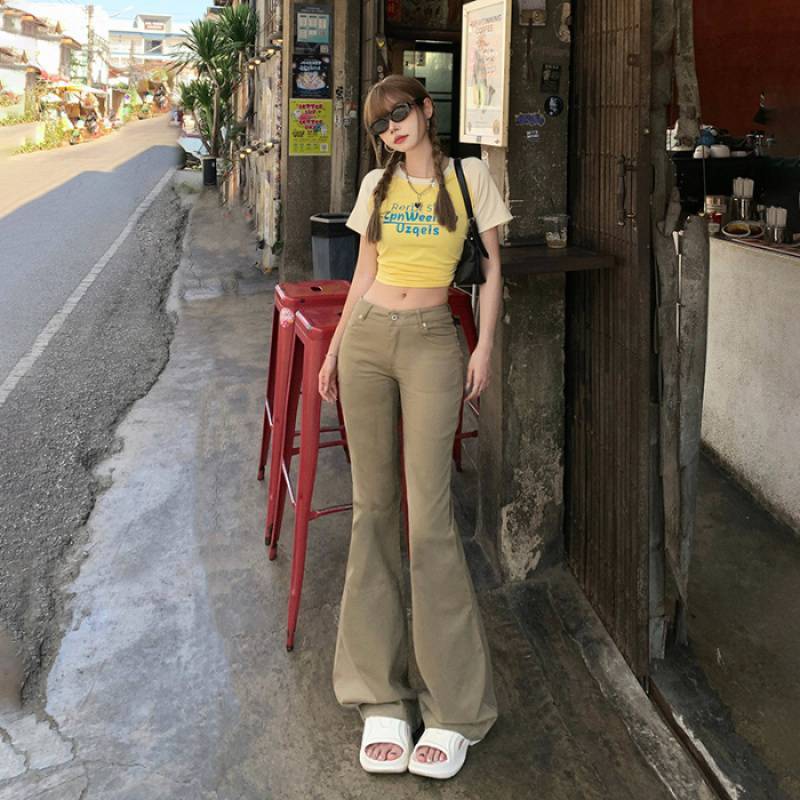 批发美式复古低腰辣妹修身喇叭裤百搭显瘦弹力牛仔裤女长裤加长|undefined