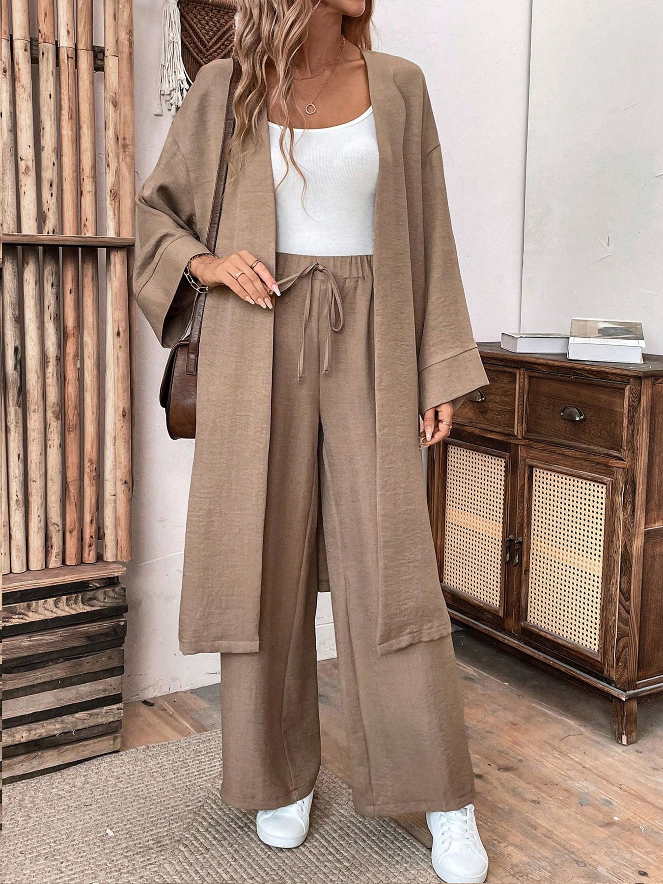 Women's Clothing new loose long cardigan top wide leg pants two piece suit_voghion.com