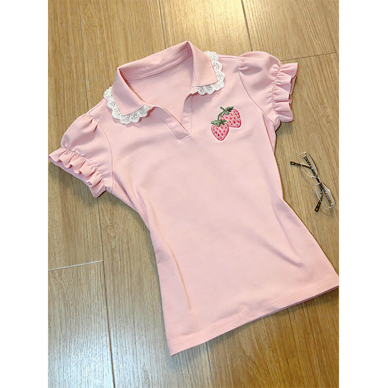 French-Style Chic and Stunningly Beautiful Slim-Fit Short-Sleeve Women's Summer Unique Lace-Trimmed Polo T-Shirt Top French-Style Chic and Stunningly Beautiful Slim-Fit Short-Sleeve Women's Summer Unique Lace-Trimmed Polo T-Shirt Top