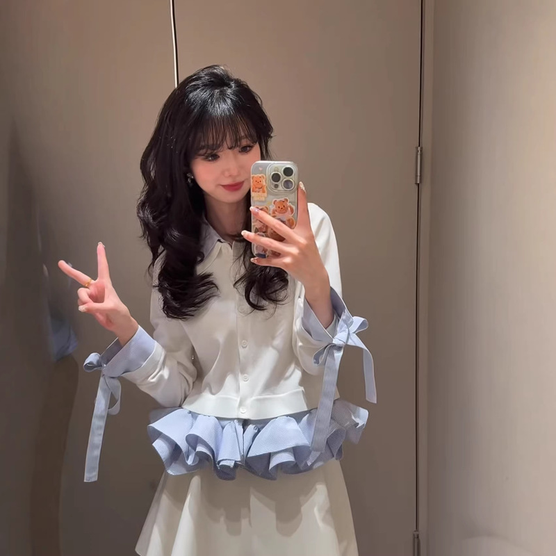 【Jia Yue】 Japanese-Style New Product: Knitted Cardigan with Color-Blocking, Bow, and Ruffled Hem 608 #