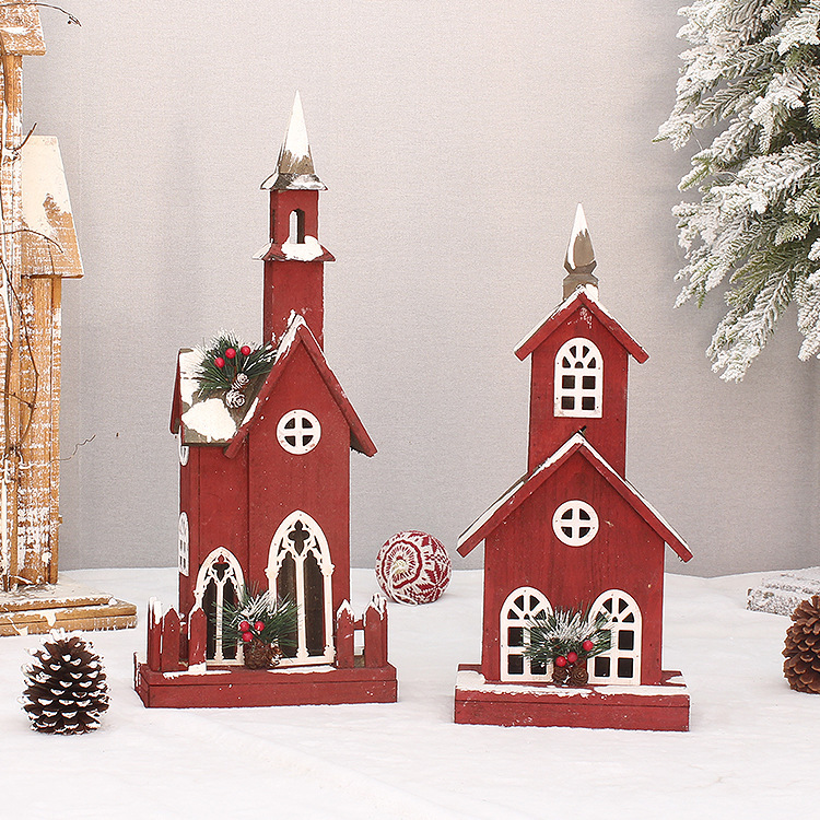 Beleuchtete rote Weihnachtshütte aus Holz – Verschneite Dorfkirche & Hausdekoration für festliche Tisch-, Kaminsims- oder Weihnachtsbaumszenen (4 einzigartige Designs)_voghion.com