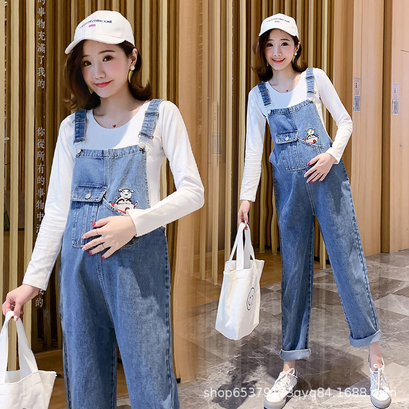 Maternity Overalls Spring and Autumn Set, Loose Denim Pants for Petite Women, Two-Piece Spring Outfit for Pregnant Women
