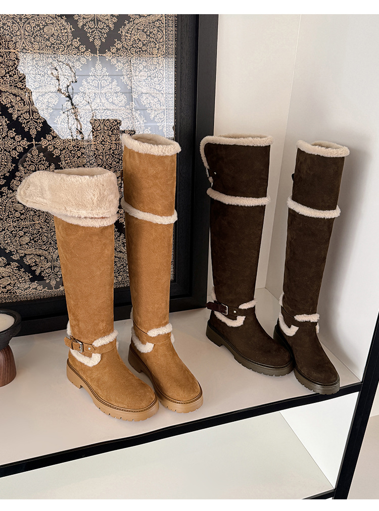 Boot tuyết nữ đế dày cổ cao quá gối lót lông cừu chống trơn trượt bo gấu lông — màu nâu chi tiết 21