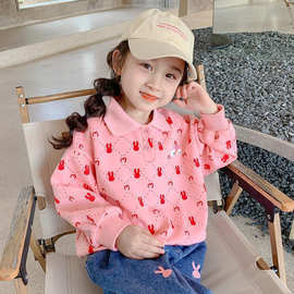 女童韩版卫衣2023秋季新款洋气上衣Polo领长袖小女孩粉色打底衫潮