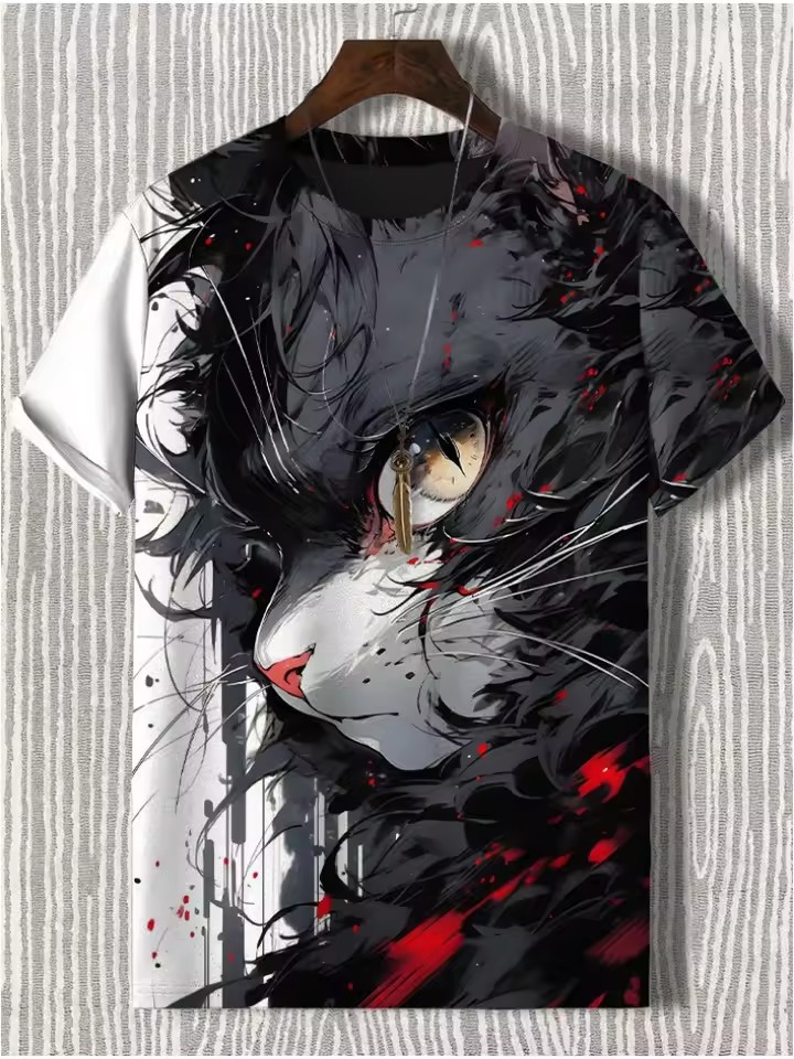 Tinta Jianghu Cat Dog Hero 3D Impresión digital Spot Moda callejera para hombres Camiseta de manga corta con cuello redondo y hombro