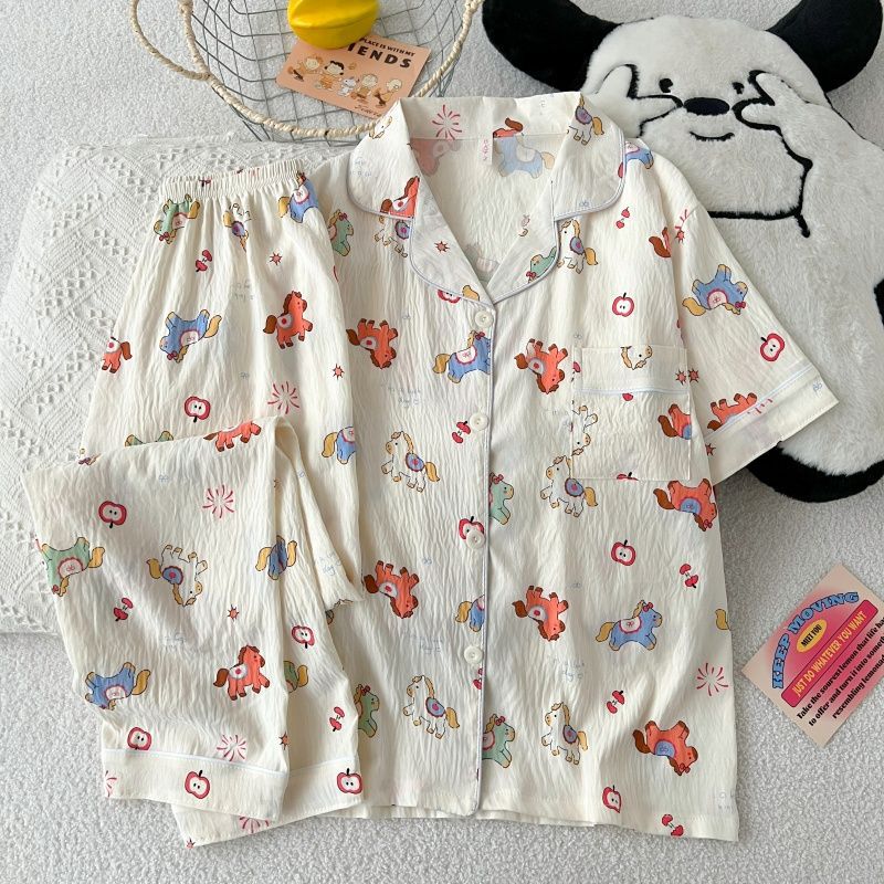 Al por mayor transfronterizo verano nubes pijamas de algodón de mangas cortas pantalones cardigan con solapa ropa de hogar lindos dibujos animados se pueden usar fuera