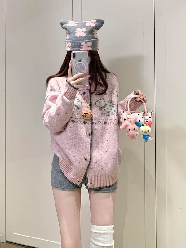 德菲蒂奥费尔岛毛衣外套女2025年秋季新款小狗提花设计感针织开衫|undefined