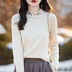 秋冬新款中式国风盘扣绣花立领打底衫女德绒保暖上衣长袖大码女装