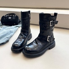月屿百搭骑士马丁靴女褶皱堆堆靴欧美风粗跟圆头双皮带扣机车靴子