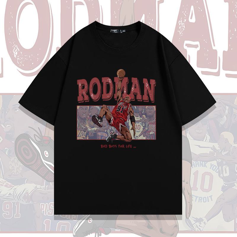 Dennis Rodman Hand-Painted Dunk Print Retro Short-Sleeved T-Shirt Loose Cotton Basketball Star Training Summer Trend Dennis Rodman Hand-Painted Dunk Print Retro Short-Sleeved T-Shirt Loose Cotton Basketball Star Training Summer Trend