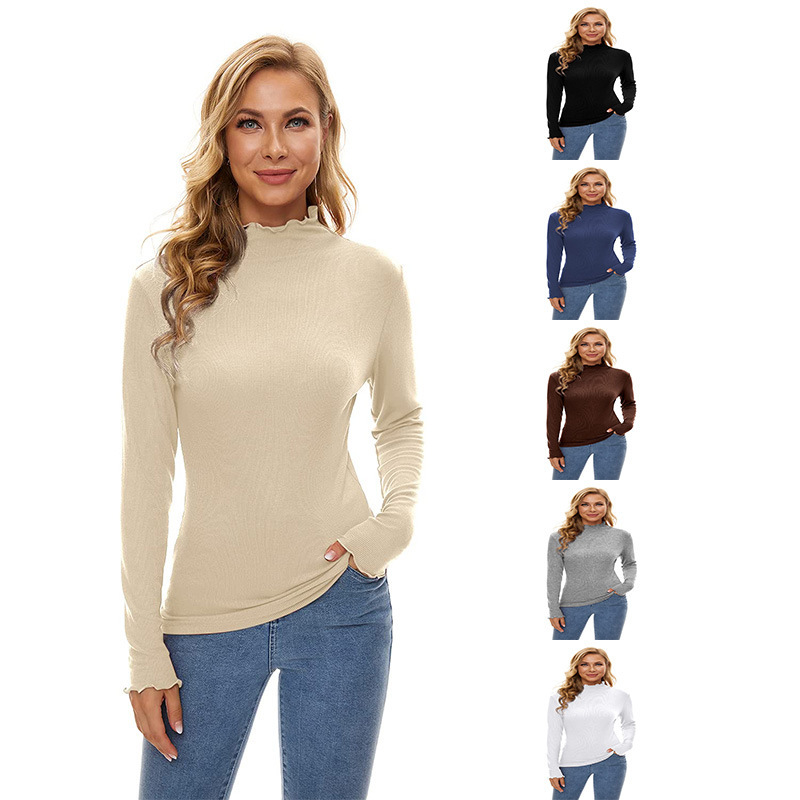 2021 Amazon Foreign Trade Spring and Autumn Women's Long Sleeve Simulation High Neck Light Rib Silk Cotton Knitted Sweater Women's Clothing