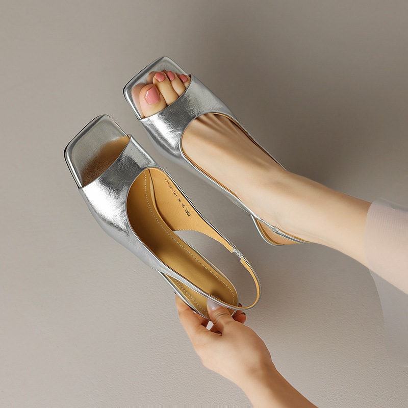 Sandal cao gót nữ mũi vuông hở mũi, gót thô 5.5 cm, phong cách Hàn Quốc, miệng nông — Da lộn cừu màu đen