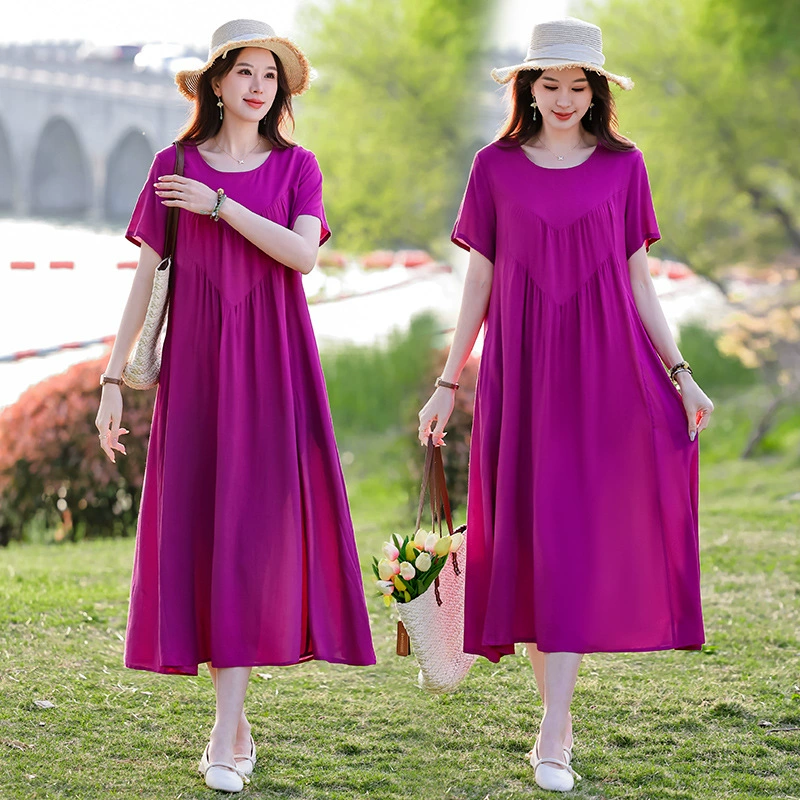 Новое летнее хлопчатобумажное шелковое платье большого размера, свободного кроя, длинная юбка, увеличенный размер, в ретро стиле.