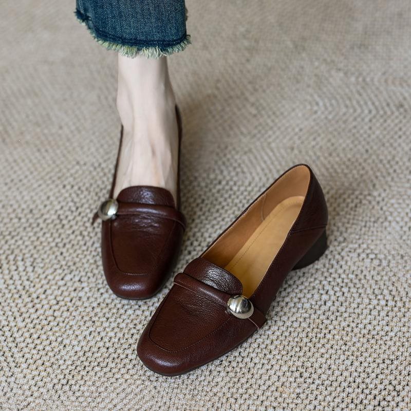 Authentic Round-Toe Chunky Heel Women's Shoes 2026 Spring and Autumn New French Retro Slip-On Low-Heel Leather Shoes Authentic Round-Toe Chunky Heel Women's Shoes 2026 Spring and Autumn New French Retro Slip-On Low-Heel Leather Shoes