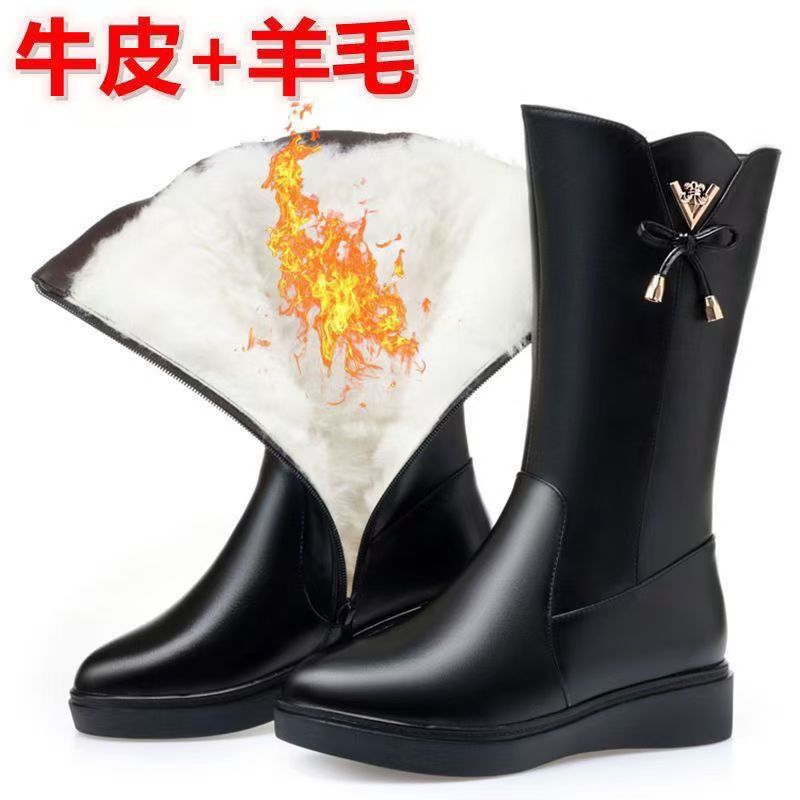 秋冬季妈妈靴子时尚中跟中筒靴粗跟百搭中年女鞋真皮大码加绒马靴