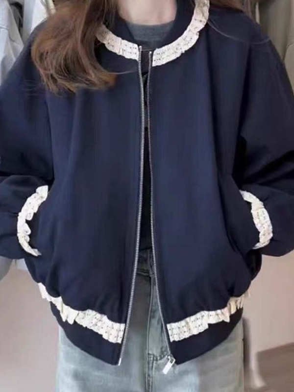 2025年春秋新款韩系蕾丝花边短外套女宽松棒球服外套减龄|undefined