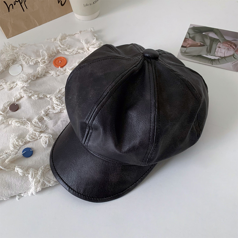 Británico estilo PU cuero boina de ocho ángulos mujer primavera y verano versátil cara pequeña sombrero pintor japonés del Renacimiento