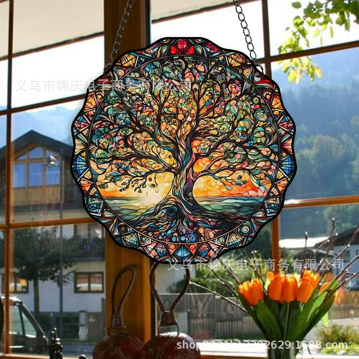 Amazon новый акриловый креативный дерево жизни двухсторонний окрашенный кулон настенный стеклянный декор оптом