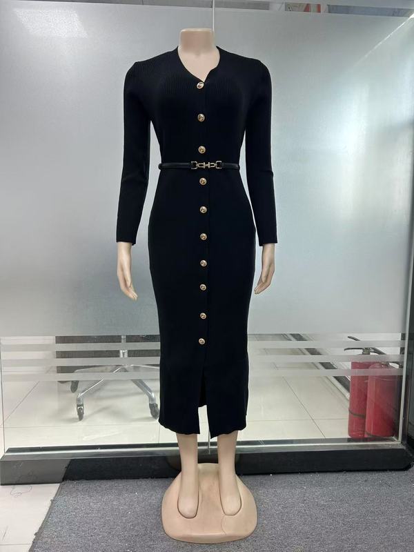 クロスボーダーサプライニットドレスロシアヨーロッパとアメリカの服初秋の新しい長袖シングルブレストセーターロングスカート|undefined