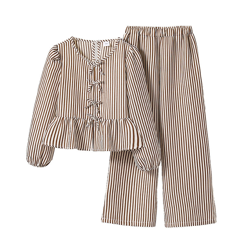 2026 primavera amazon cross-border ropa de niñas casuales rayas sólidas arco dulce mangas largas pantalones largos sueltos