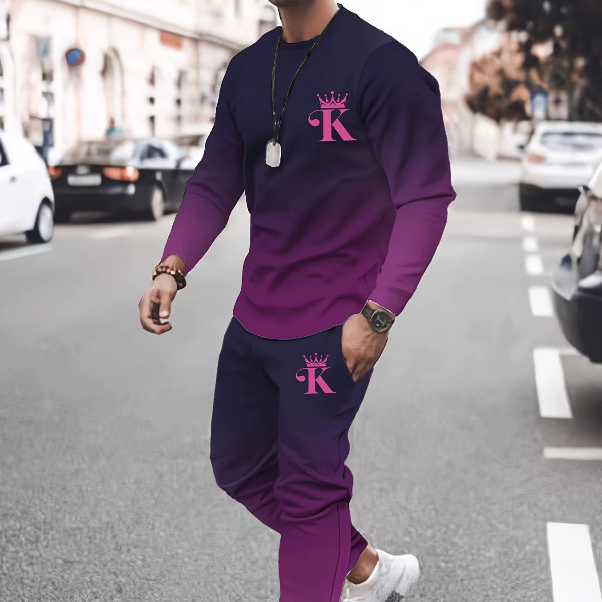 Трансграничный TEMU Весна и осень Европа и США уличная мода круглый воротник брюки брюки из двух частей мужской 3D-принт повседневный костюм