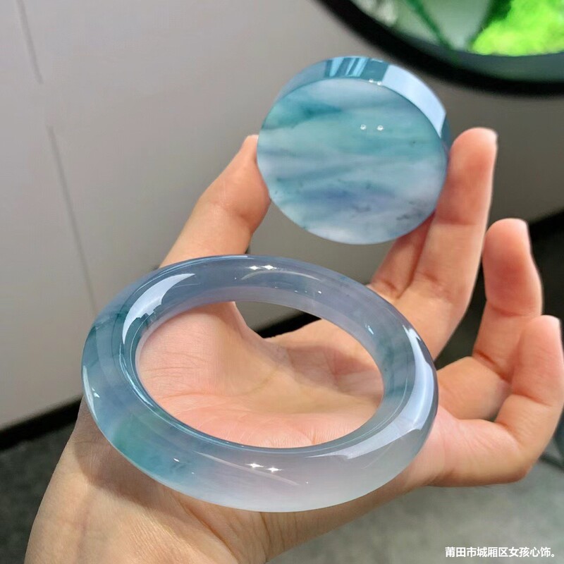 Natural Burma High Ice Blue Flower Jade Bracelet Round Strip Old Pit Glass Jade Jade Bracelet Junior Girl