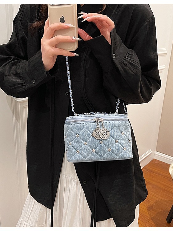 Xiaoxiang Style Diamond Box bolso pequeño cuadrado de mujer nueva textura de alta calidad de cadena de denim bolso de hombro