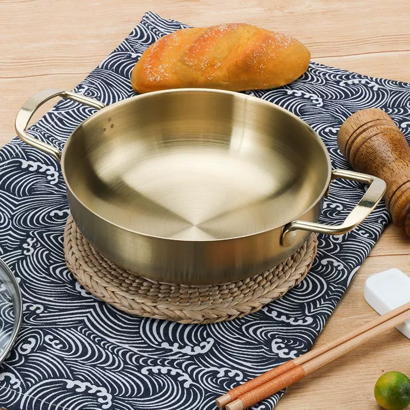 Stainless steel hot pot, double‑handle Korean style, silver or gold, Ø 18–26 cm