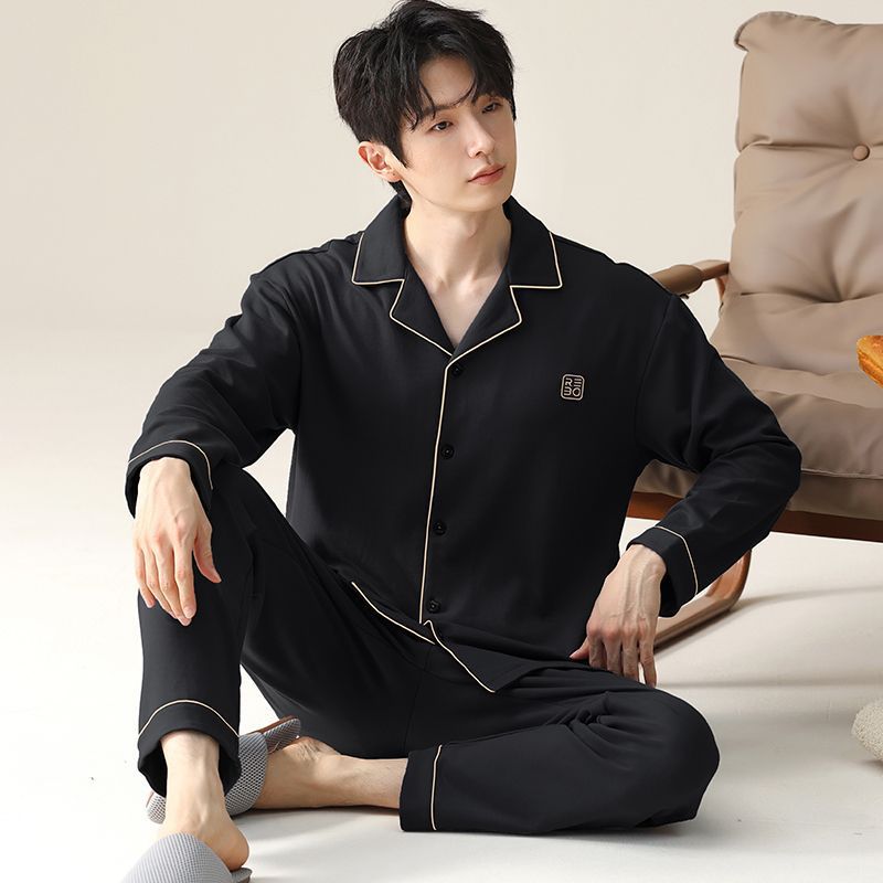 Pijama de hombre primavera y otoño cardigan de manga larga set delgado suelto algodón puro estilo exterior se puede usar ropa de hogar