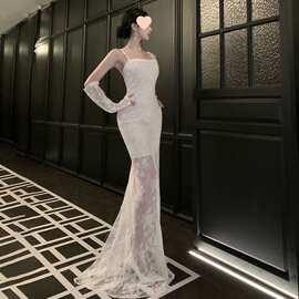 西太后轻婚纱复古蕾丝森系吊带新娘晨袍女订婚宴会礼服鱼尾出门纱
