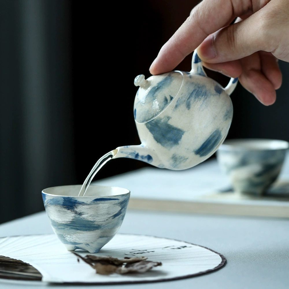 Сенсей Чинг, фарфор ручной работы из Jingdezhen, чайный набор Ocean Blue Light Kung Fu, глиняная чашка с тремя ножками, роспись по металлу золотом и серебро в наборе