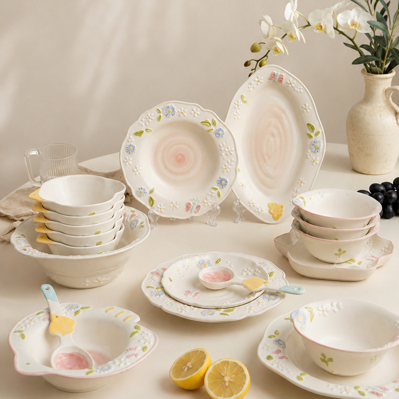Ceramic bowls and plates, new household tableware set with embossed floral patterns, particularly beautiful underglaze colored bowls