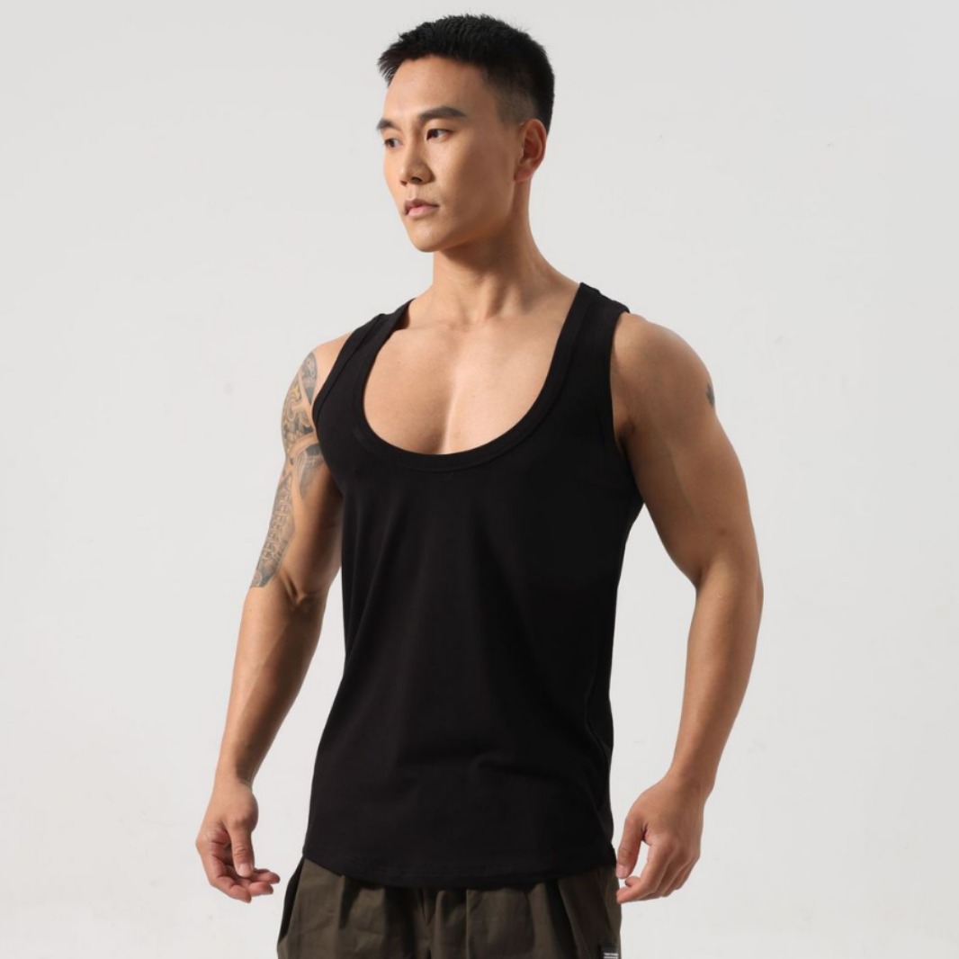 American-style men's sports tank top, low-neck, high-elasticity, quick-drying, Korean version, tough guy style, breathable, sweat-wicking, trendy running gear