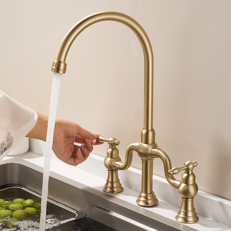 French-Style Three-Hole Kitchen Sink with Hot and Cold Faucet, Bridge-Style Open Ceramic Basin Sink, Brushed Gold Faucet